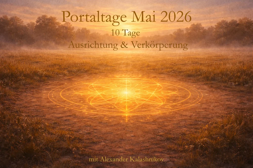 Goldenes Feld mit geometrischem Muster im Morgendunst. Symbol für innere Ausrichtung, Klarheit und Verkörperung während der Portaltage im Mai 2026