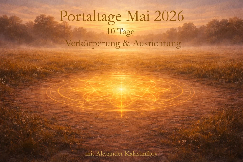 Ein goldenes Feld mit der Aufschrift Portaltage Mai 2026 10 Tage Verkörperung und Ausrichtung